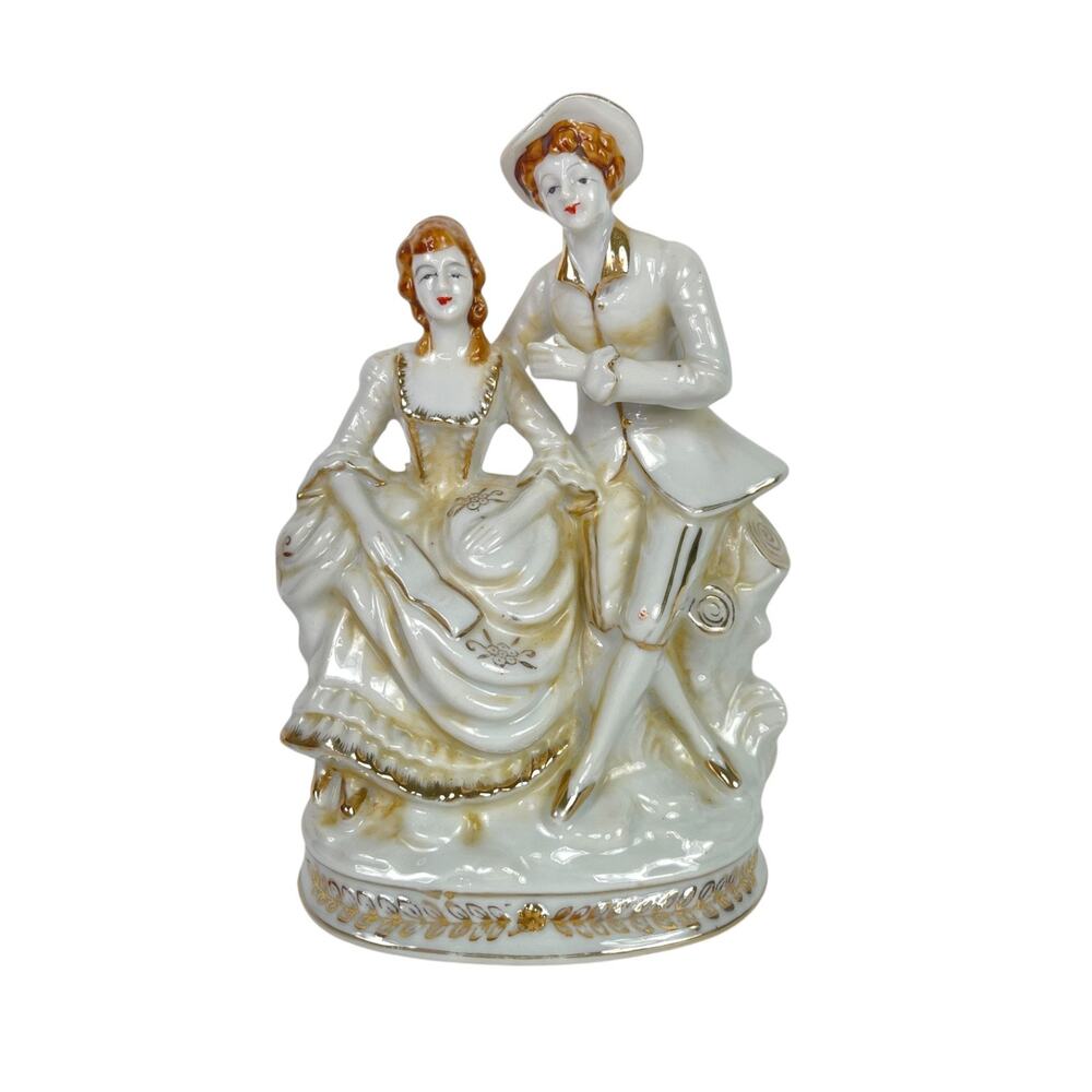 Vintage Porcelain Victorian Couple Figurine White with Gold Accent Made in Japan